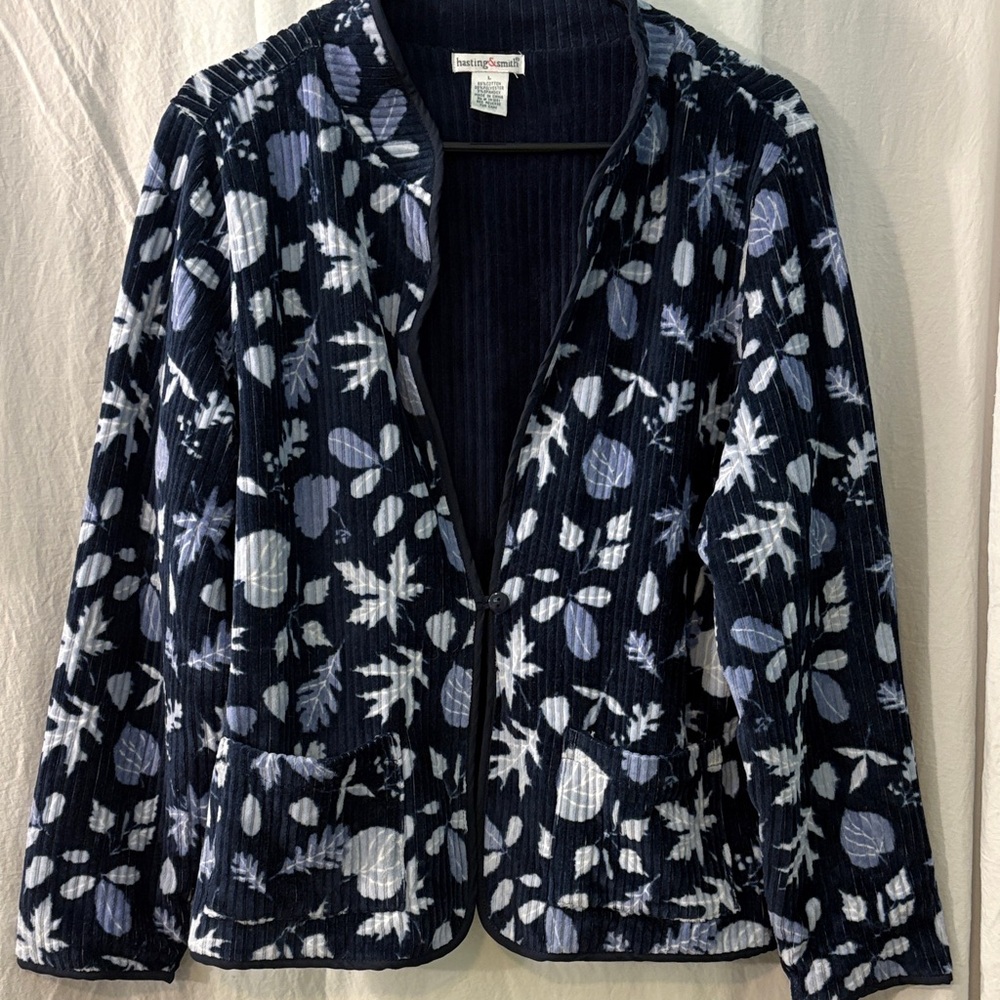 Stylish Navy Blue Leaf Pattern Blazer